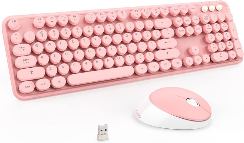 Kootop Wireless Keyboard, Cute Colorful 104 Keys Typewriter Retro Round Keycaps Keyboard for PC Laptop,Desktop,Windows, Home and Office Keyboards (Pink) - Image 1